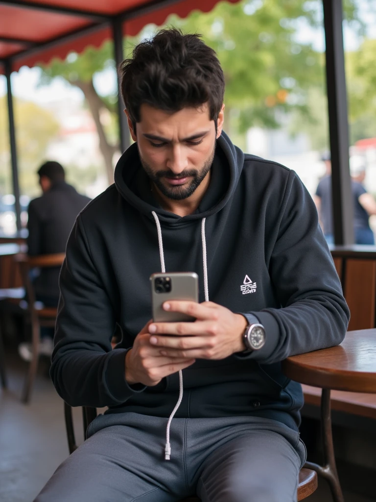 Tuna is in a square in Izmir, sitting in a cafe. He is looking at his cell phone and talking to someone on a video call. He looks nice. He is wearing a stylish hoodie and cool jogging pants.