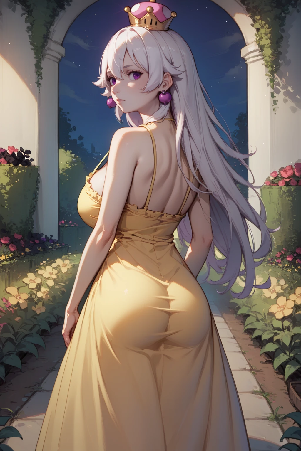 (masterpiece, best quality), ultra-detailed, 8k, extremely delicate and beautiful, elegant
, 1girl, elf, radiant white hair, long silk dress, village, forest, positive vibes, pink lipstick, perfect face, good lighting, gold eyes, sexy ass, nipples showing through dress, perfect ass, breasts, sexy figure , lustrous ass , wide hips, medium size breasts