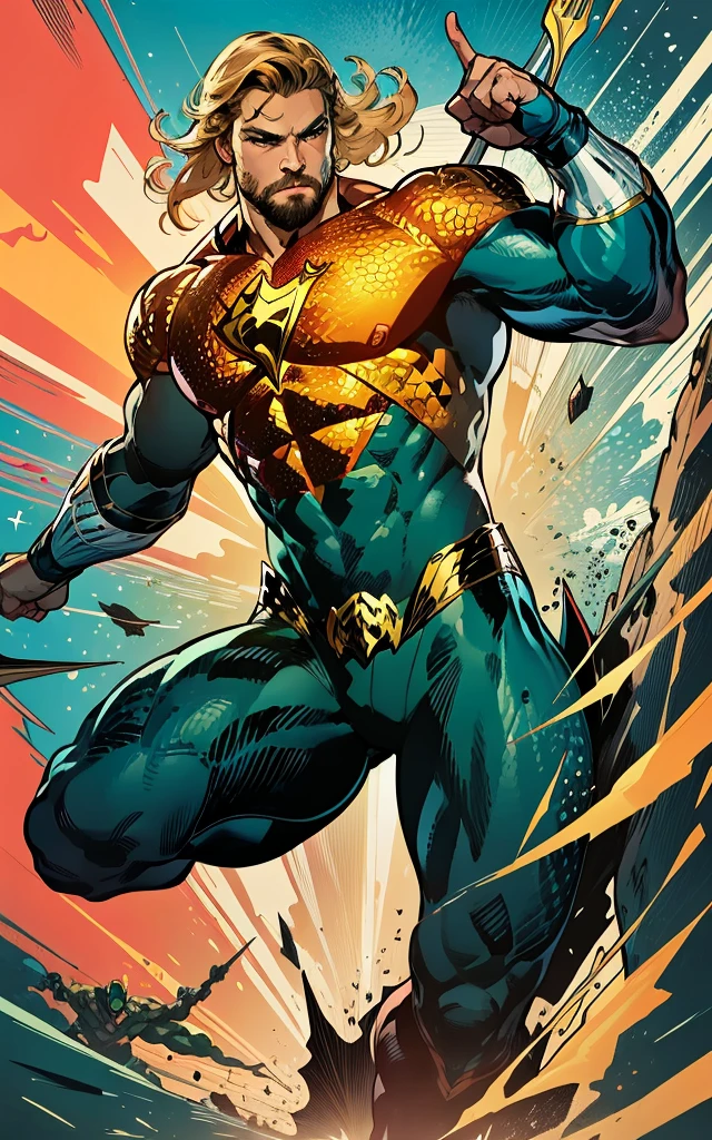 best quality,masterpiece,highly detailed,ultra-detailed, 
  <lora:superhero_V02:1>, superhero, powerful, heroic, iconic, larger-than-life, justice, colorful, action-packed (Aquaman:1.16), Orange and green scale armor, carries a trident