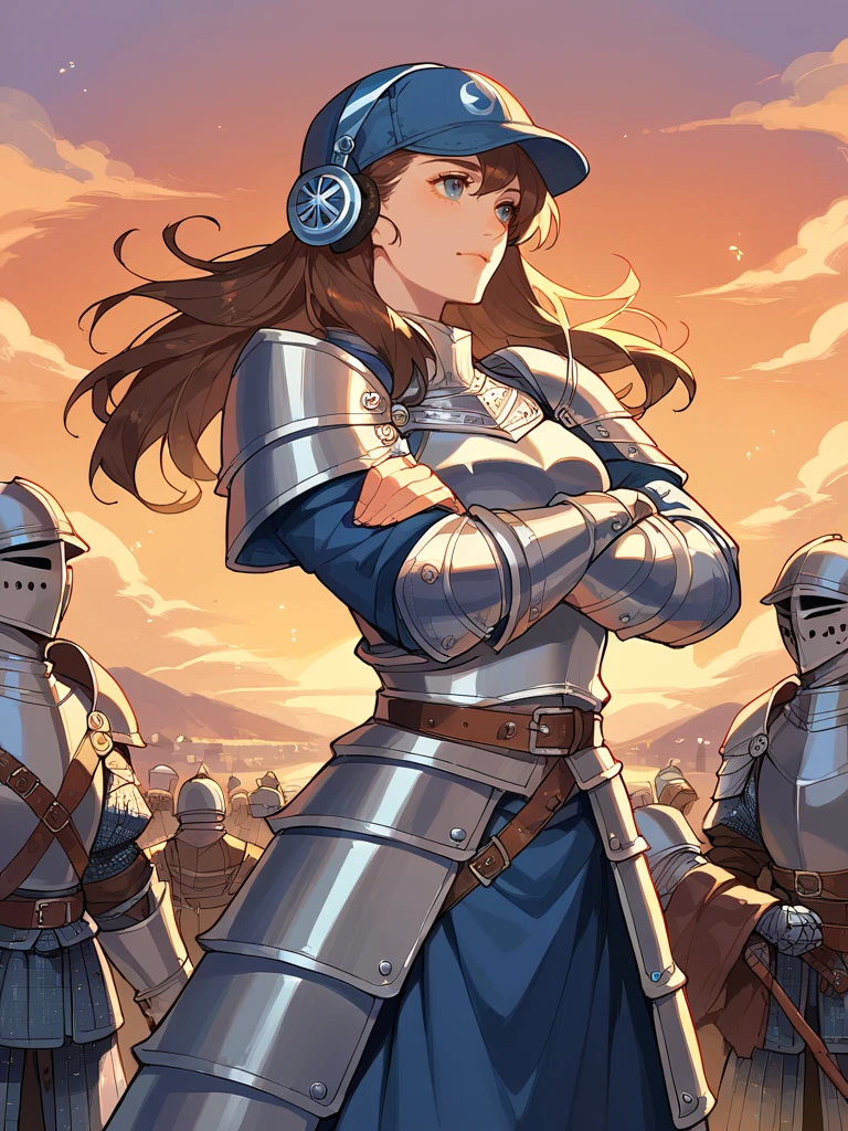 score_9,score_8_up,score_7_up,source_anime,rating_questionable,higres illustration,1girl,<lora:headphones_hat:1>,hat,headphones,upper body,sunset,medieval,knight armor,brown hair,army,cap,