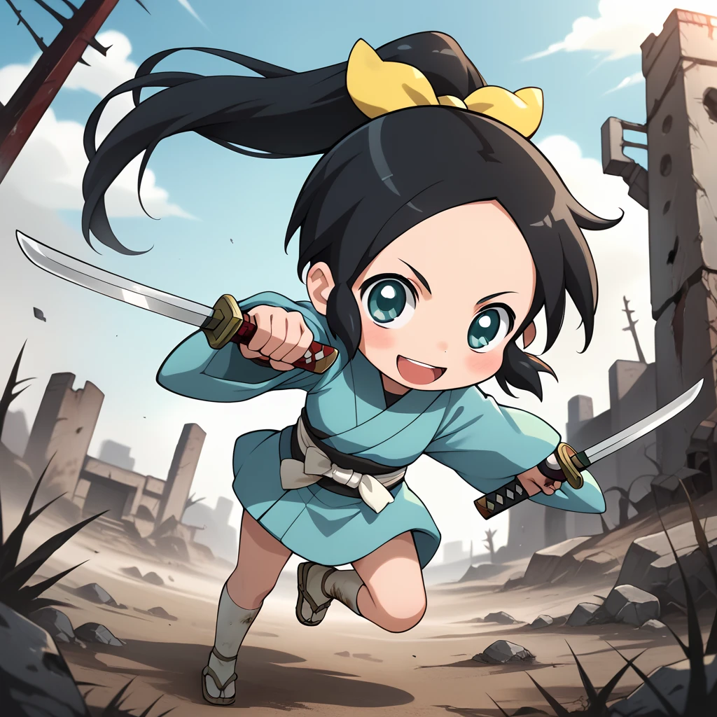 score_9, score_8_up, score_7_up, 1girl, solo, uncensored, shinobichidori, 1girl, solo, smile, looking at viewer, open mouth, holding katana, dual wielding, fighting stance,  chibi, black hair, yellow ribbon, ponytail, teal kimono, white socks, white obi, sandals, outdoors, battlefield, wasteland, ruins, field <lora:ShinobiChidoriXL_v1.0:1>