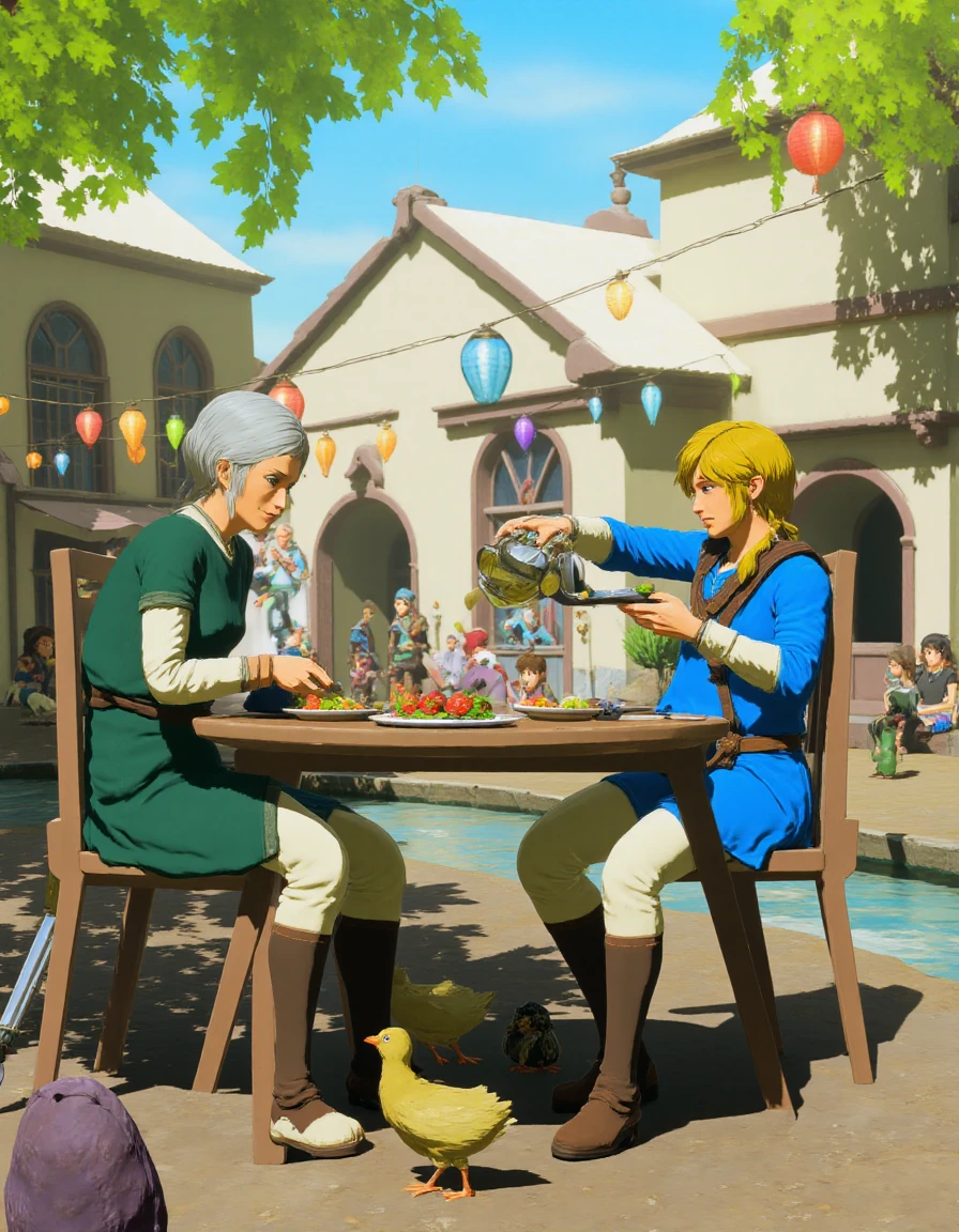 <lora:botw_flux-000015:1>,Cinematic still of the adventurer sitting at a cozy outdoor café in Kakariko Village, wearing his blue tunic and a relaxed expression. He is enjoying a bowl of hearty vegetable stew while an elderly Sheikah woman, dressed in traditional attire, pours tea for him from a delicate teapot. The hero's sword and shield are leaning against the table, and a few curious Cuccos peck around his feet. In the background, the village's iconic paper lanterns hang from the rooftops, gently swaying in the breeze, while a stream flows peacefully nearby. The scene captures a rare moment of tranquility and camaraderie, with the hero taking a break from his adventures. In a fantasy game, peaceful and intimate atmosphere, warm and inviting village setting.