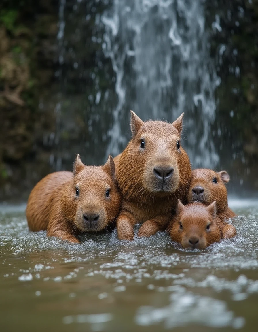 photo of a family of capybaras, chilling in water under a waterfall, water drips on the head  <lora:FHM_Magazine_Concept:1>