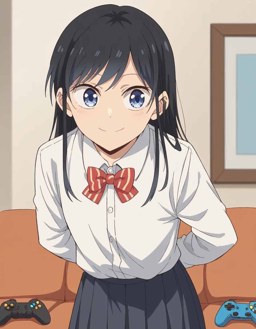 score_9, score_8_up, score_7_up, source_anime, <lora:rin-nanakura-s1-ponyxl-lora-nochekaiser:1>, rin nanakura, long hair, bangs, black hair, blue eyes,, skirt, shirt, long sleeves, bow, school uniform, white shirt, pleated skirt, striped, bowtie, striped bow, striped bowtie,, living room, video game, controller, competitive, fun, afternoon, smile, , hands behind back, bent over, smile, solo,, cowboy shot, dutch angle