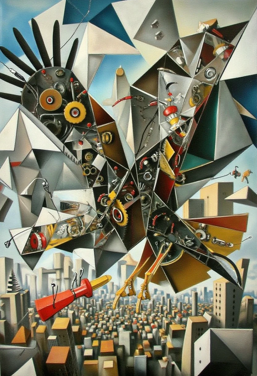 A giant bird made entirely of mechanical parts like gears, springs, and wires, but fragmented in the Cubist style. The bird is mid-flight, its wings spread wide, yet its body is broken into geometric pieces, viewed from every possible angle simultaneously. The background is a futuristic cityscape, also broken into abstract forms, where both bird and city appear interconnected in a complex web of machinery. ,  CubismStrokes