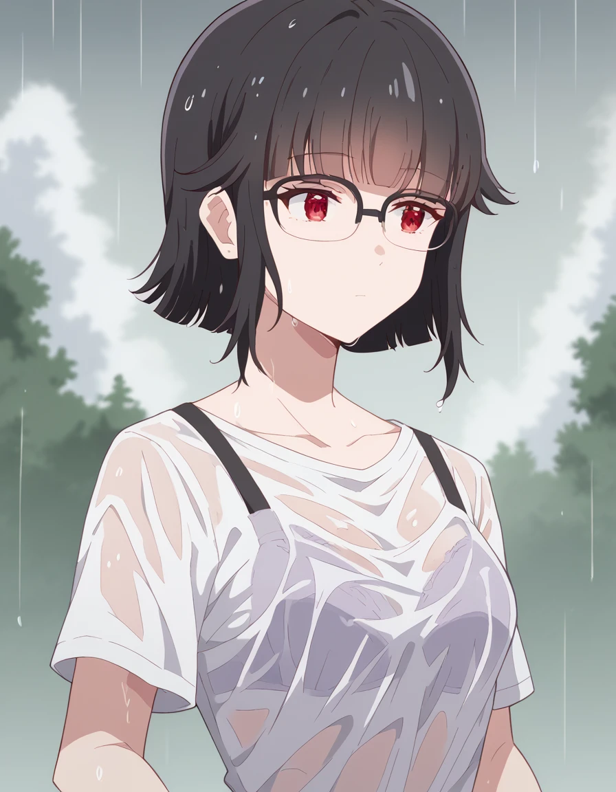 score_9, score_8_up, score_7_up, source_anime, <lora:kaho-fujinami-s1-ponyxl-lora-nochekaiser:1>, kaho fujinami, short hair, bangs, black hair, red eyes, glasses, blunt bangs, medium breasts,, <lora:bra-visible-through-clothes-ponyxl-lora-nochekaiser:1>, bra visible through clothes, wet shirt, wet clothes, see-through, see-through shirt, bra, bralines, wet, white shirt, bra peek, wet skirt,, outdoors, rain, cloudy, , cowboy shot, dutch angle