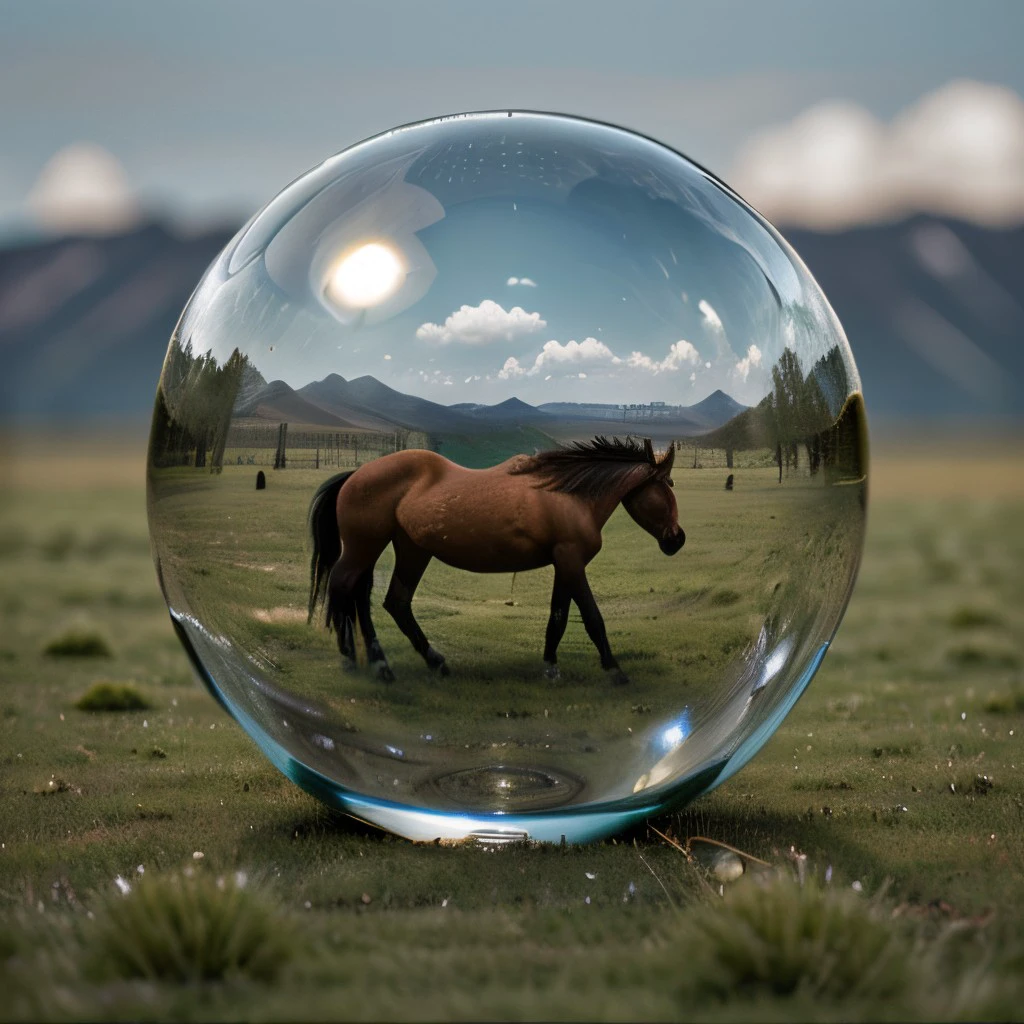 masterpiece, best quality, intricate photo, make a photo through glass sphere and see wild horses in the wild west, glass ball lying in the green grass, glass ball photography, hyper realistic, highly detailed, sharp focus, high resolution, 8K, <lora:GlassSphere_v11:0.5>