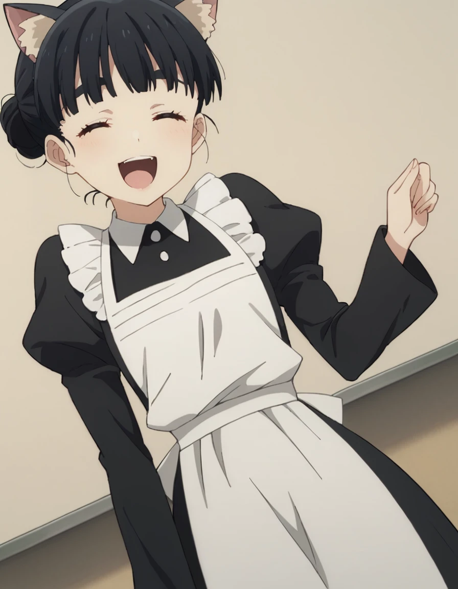 score_9, score_8_up, score_7_up, source_anime, BREAK
1girl, solo focus, looking at viewer, simple background, standing, dutch angle, classroom, eyes closed, laughing, open mouth,
tiara basori, black hair, short hair, (thick eyebrows:0.6), hair bun,
maid costume, cat ears, black dress, white collar, frills, white apron, juliet sleeves, long sleeves,
<lora:tiara_basori_anime_v2-soralz:1>