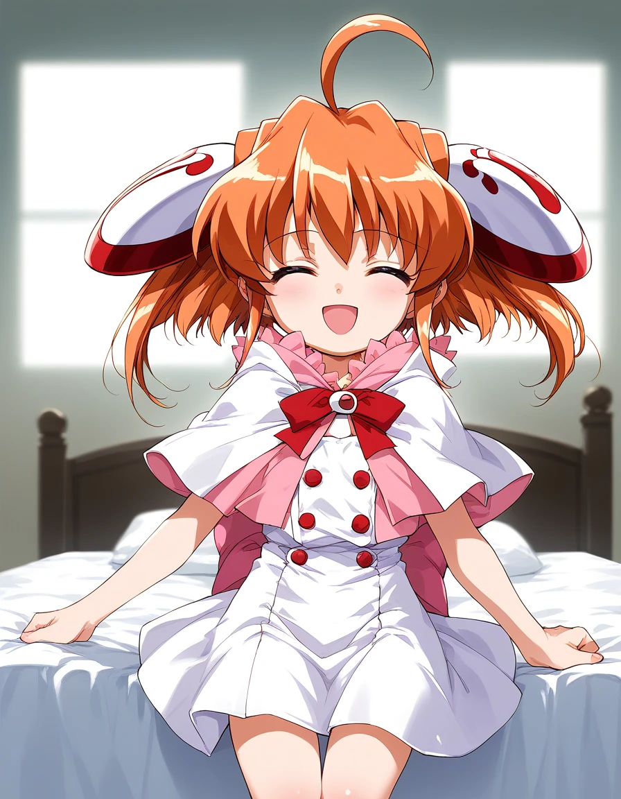 score_9, score_8_up, score_7_up, source_anime, rating_explicit, BREAK  <lora:rizel_mine_XL:1> rizel, solo, closed eyes, ahoge, orange hair, hair ornament, bangs, sidelocks, flat chest, short stack,
 smile, looking at viewer, indoors, dress, capelet, bow, buttons, closed mouth, white dress, twintails,
open mouth.
bed room,