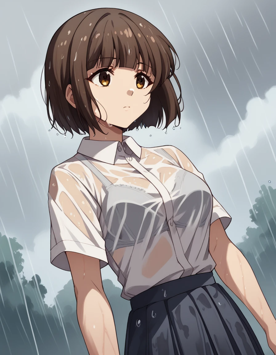 score_9, score_8_up, score_7_up, source_anime, <lora:nana-mizuoka-s1-ponyxl-lora-nochekaiser:1>, nana mizuoka, short hair, bangs, brown hair, brown eyes, medium breasts, blunt bangs, bob cut,, <lora:bra-visible-through-clothes-ponyxl-lora-nochekaiser:1>, bra visible through clothes, wet shirt, wet clothes, see-through, see-through shirt, bra, bralines, wet, white shirt, bra peek, wet skirt,, outdoors, rain, cloudy, , cowboy shot, dutch angle