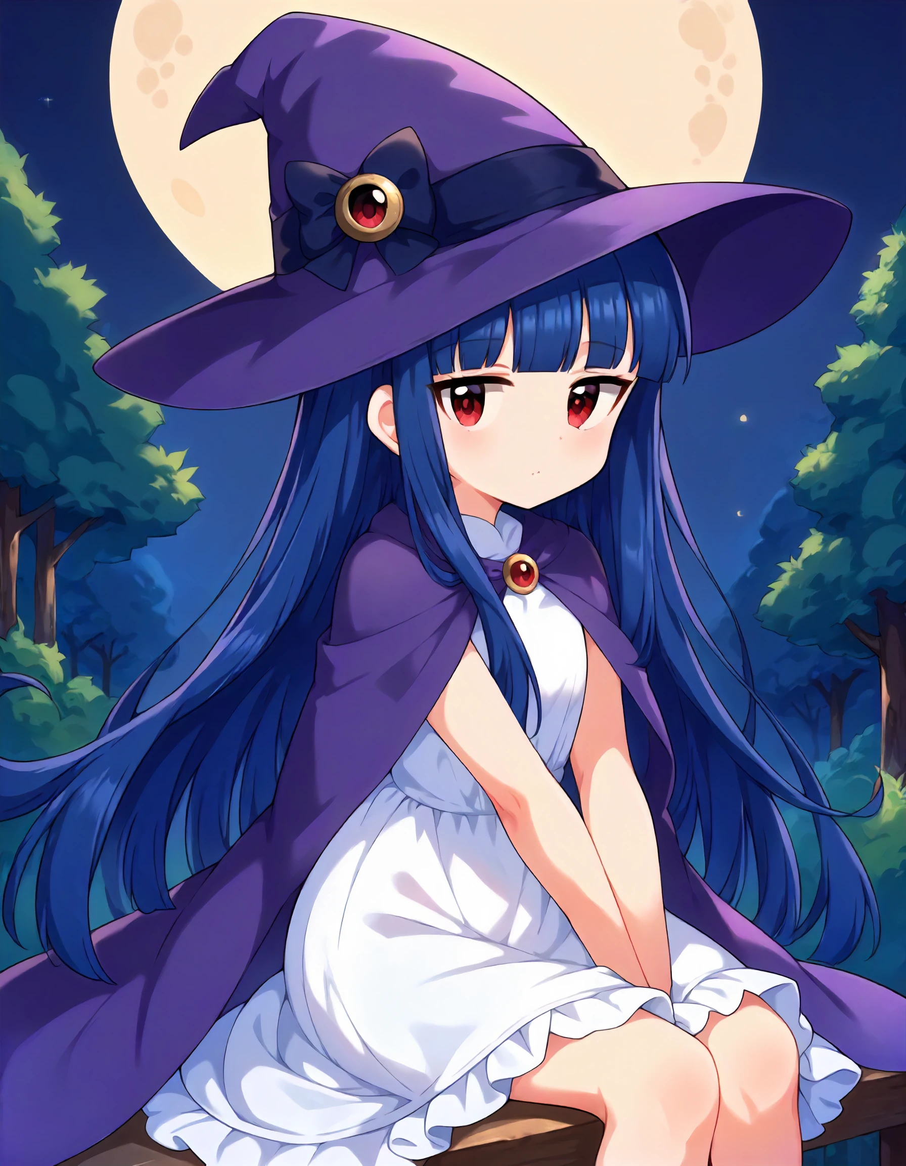 score_9,score_8_up,score_7_up,1girl,solo,sitting,looking at viewer,outdoors,night,moon,forest,
<lora:sajoyukimi_ponyXLV6:0.8>,cgsjy,
blue hair,long hair,blunt bangs,red eyes,
witch hat,purple cape,white dress,sleeveless