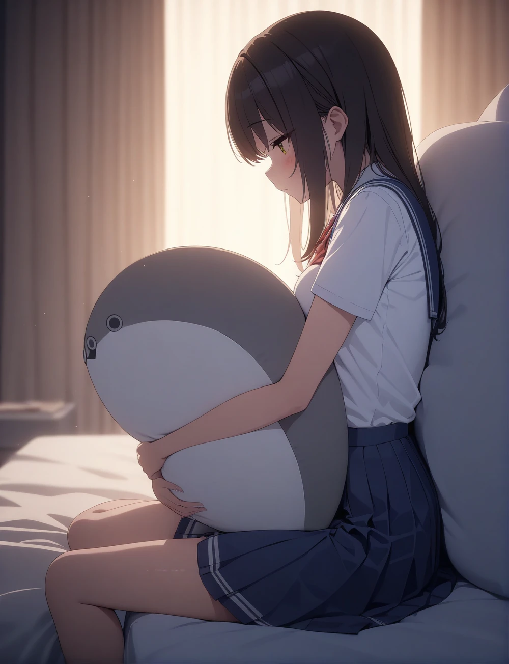 <lora:Sacabambaspis_meme:1> , sacabambaspis, sacabambaspis_face, sacabambaspis_body, 1girl , from side , school outfit , pillow , sitting , hugging ,cute , lay on bed ,, 4k , masterpiece, cute , masterpiece, best quality, 1girl, solo, cinematic, soft lighting, shine skin , light skin , 8k