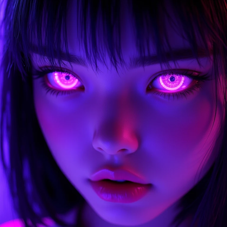 This image is a highly detailed, hyper-realistic CGI rendering of a young woman's face. The artwork features a close-up of a person with striking, glowing purple pupil and black sclera, which dominate the scene, giving a surreal, almost ethereal quality. The eyes are wide open, with a hint of intensity and curiosity. Her skin has a smooth, almost luminescent texture, bathed in a vibrant, neon purple light that casts a mesmerizing glow across her face, <lora:holographic-flux_fast_1:0.8>