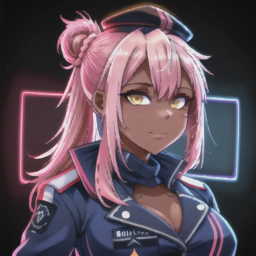 masterpiece, best quality, 

chloe, yellow eyes, dark skin, pink hair, long hair, hair ornament, half updo, stomach tattoo, 1girl, solo, pink hair, side ponytail,

uafporait, military, goverment, dark blue uniform, blue navy captain hat, dark blue white clothes, 
red backlight, blue backlight

