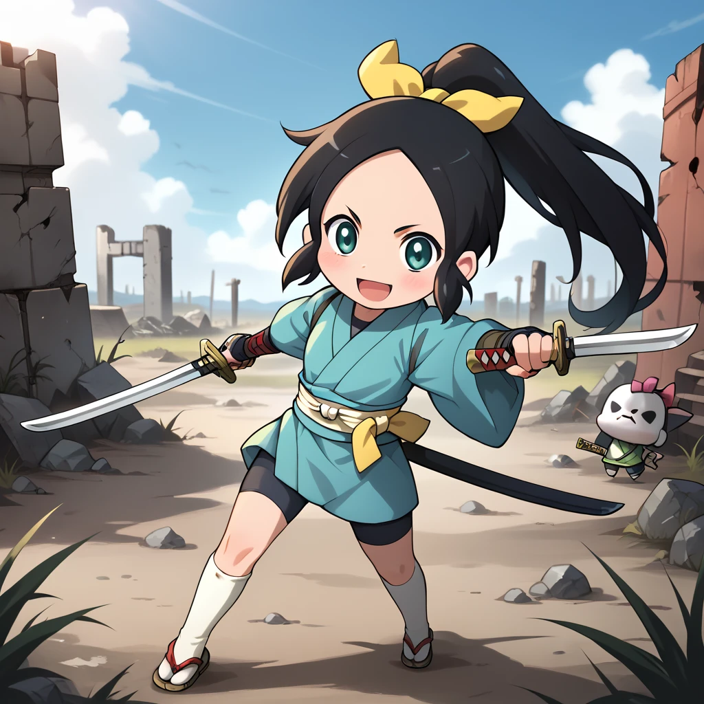 score_9, score_8_up, score_7_up, 1girl, solo, uncensored, shinobichidori, 1girl, solo, smile, looking at viewer, open mouth, holding katana, dual wielding, fighting stance,  chibi, black hair, yellow ribbon, ponytail, teal kimono, white socks, white obi, sandals, outdoors, battlefield, wasteland, ruins, field <lora:ShinobiChidoriXL_v1.0:1>