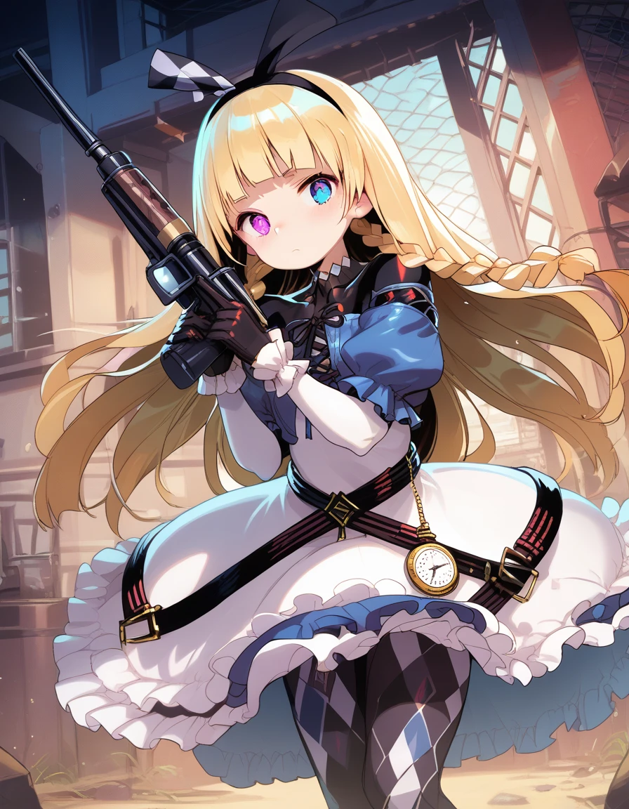 alyce_(dohna_dohna), blonde hair, long hair, pink eyes,blue eyes,heterochromia,twin braids, blunt bangs, side braids,
black hairband, bodysuit under clothes, black bodysuit, frilled dress, black gloves, argyle clothes, blue dress, white dress, watch, pocket watch, black footwear, frills, argyle legwear, pantyhose,two-tone dress, shoes, cross-laced dress, purple eyes, puffy sleeves, short sleeves, long sleeves, ribbon
 <lora:alyce_(dohna_dohna)_pony_v1:1>
rifle, holding gun, scope,bolt action,holding weapon,
standing, (fighting_stance ) ,
closed mouth, serious
looking at viewer,(cowboy shot,:1.3),
outdoors,, score_9, score_8_up, score_7_up, best quapoty, highres, absurdres, source_anime, zPDXL2, 1girl,