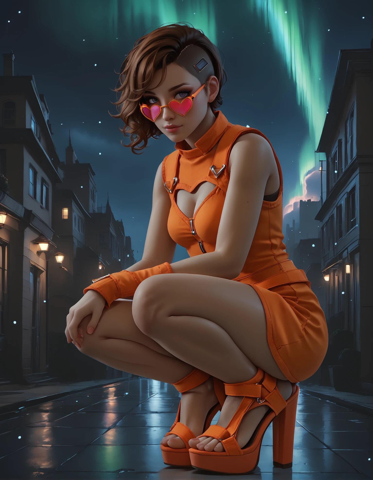 1girl, dark skin,
squatting, (rooftop:1.1), skyline,  
orange bodysuit, heart-shaped cutout, sexy attire,
brown hair, short hair, curly hair, (side cut:1.2),
(sp0rts4nd4l heels), feet, toes,
(from side:0.7), 
snowing, aurora borealis,
heart-shaped glasses, orange frame glasses,
color grading,
night, dark, dark background, Low-key lighting,
embedding:zPDXL2 ,