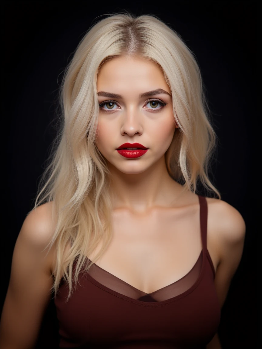 The image is a high-resolution photograph of a young woman with a fair to light olive skin tone, standing against a dark, solid-colored background that contrasts sharply with her figure. She has long, wavy, platinum blonde hair cascading over her shoulders. Her facial features are delicate with a slightly upturned nose, full lips painted in a deep red lipstick, and expressive, almond-shaped eyes with a subtle, sultry gaze.