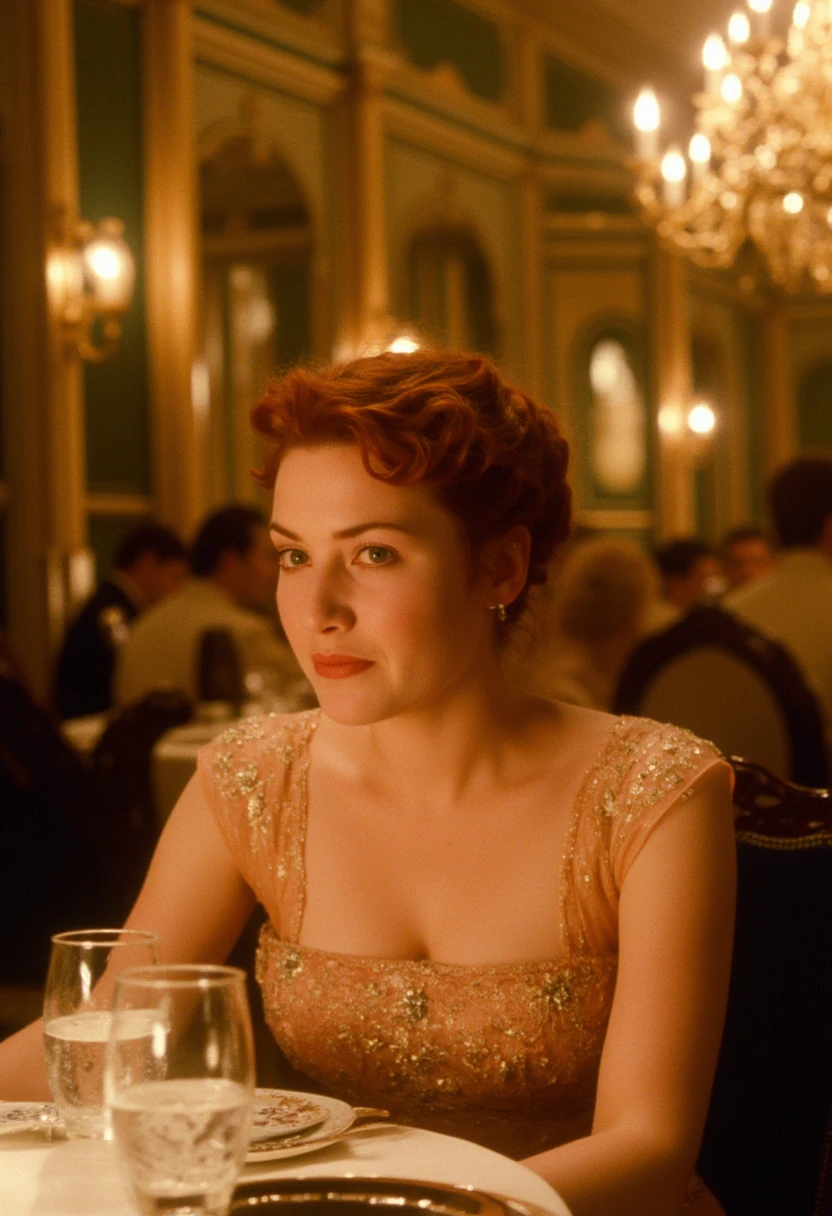 In the lavish first-class dining room aboard the Titanic, Kate Winslet, portraying Rose Dewitt Bukater, sits elegantly at a dinner table, surrounded by fine china and crystal glasses. She is dressed in a formal evening gown made of satin and lace, the gown a soft pastel pink with intricate beadwork that glimmers in the candlelight. Her sleek, wavy red hair is styled in an elaborate updo, adorned with small jeweled pins. The room is grand, with tall, gold-framed mirrors reflecting the opulent chandeliers above, casting warm, glowing light. Her expression is composed, though a hint of restlessness shows in her eyes, as if lost in thought while maintaining the poise of her social standing.