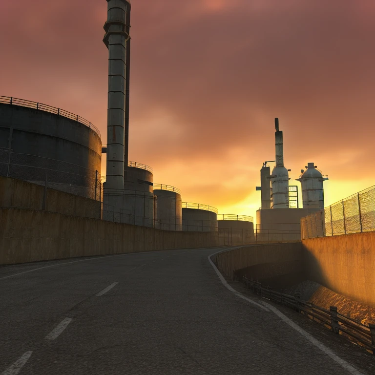 hl2, screenshot from half life 2 game, industrialzonecity17, oil refinery, mesh fence, fuel storage, road, sunset, evening <lora:half life 2 style v2.0:0.7>