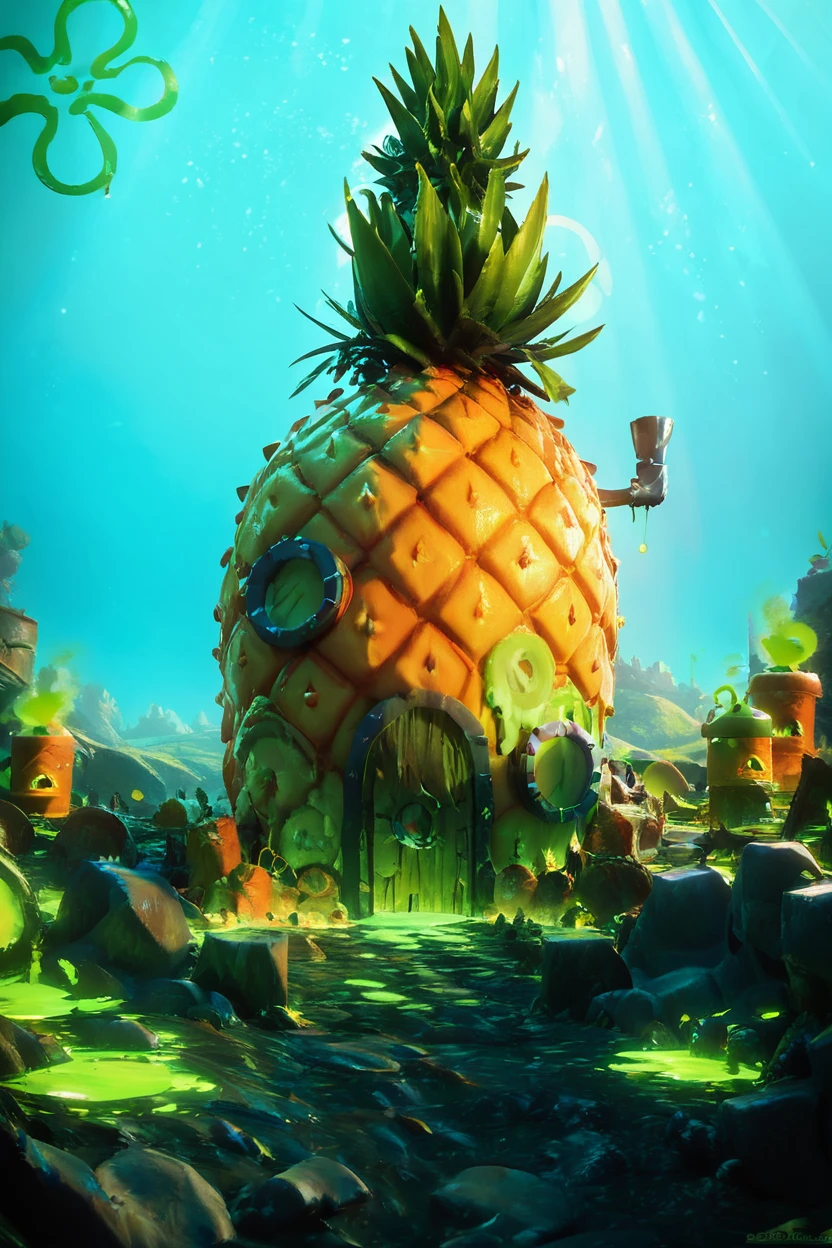 score_9, score_8_up, score_8,  BREAK,  PineappleUnderTheSea,  sky, day, no humans, sunlight, scenery, realistic, toxic, green slime,   embedding:zPDXL,    <lora:PineappleUnderTheSeaPDXL:0.8>,  <lora:CatalystStylePDXL:0.6>,  <lora:SDXLFaeTastic2400:0.5>,