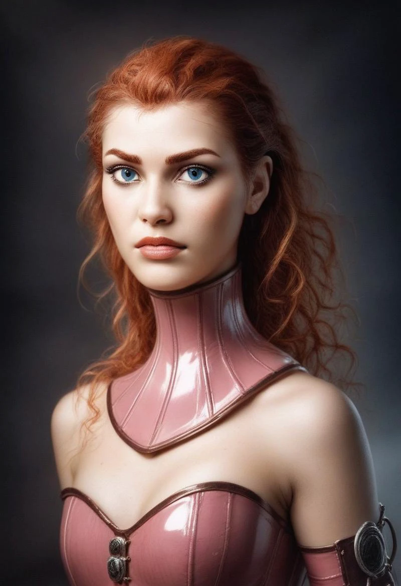 score_9, score_8_up, score_7_up, rating_safe, 
concept art, realistic, dark theme, low light, 1girl, solo.
Ginger hair, Blue eyes.
Neckcorset. Latex neck corset. Pink neck corset.