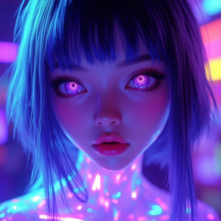 The image is a highly detailed, hyper-realistic digital artwork featuring a stylized, anime-inspired female character. The artwork is rendered in a vibrant, neon-lit style with a strong emphasis on glowing, ethereal effects. The subject's skin has a translucent, almost ethereal quality with a shimmering, iridescent sheen, predominantly in shades of blue and purple, creating a mesmerizing, almost holographic appearance, <lora:holographic-flux_fast_1:1>