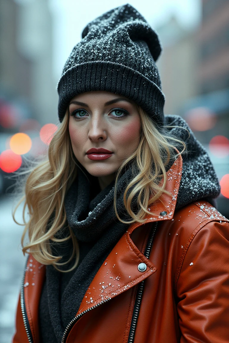 blonde 40yo female as a paramilitary operative from Tom Clancy's The Division in snowy post-apocalyptic New York street, smiling, cowboy shot, professional photo, blurry background <lora:Perfect_Portrait_FLUX:0.5> <lora:Danni_Ashe_Flux:1.2>