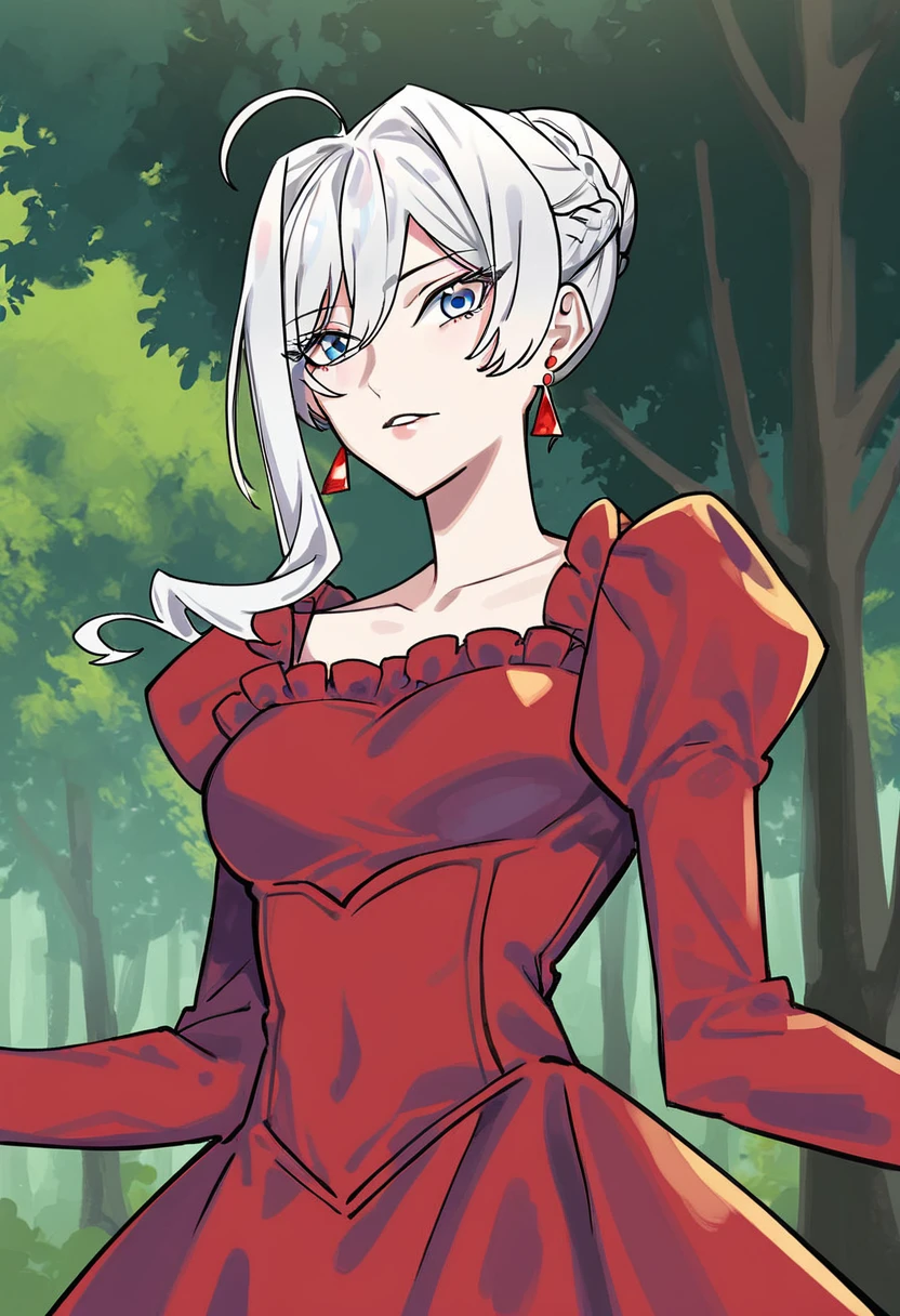 1girl, solo, scarlet el vandimion, blue eyes, white hair, ahoge, single hair bun, red dress, looking at viewer, Humiliated expression, Forest background, medium shot, red earrings, <lora:Character_Scarlet El Vandimion:0.85>