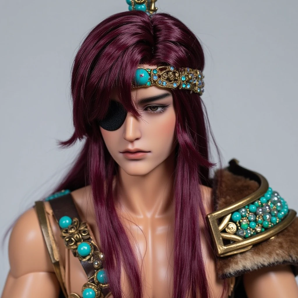 BJD. A tall male doll with a slender, muscular physique. The subject has long, dark reddish purple hair that cascades over his shoulders and partially covers his face. He wears an elaborate headpiece adorned with turquoise and gold beads, and a black eye patch over his right eye. His attire includes a decorative, ornate shoulder piece with intricate designs and a mix of turquoise, green, and gold beads, as well as a leather-like material with a fur texture, draped over his shoulders. The background is a plain, neutral color, which allows the subject to be the focal point.