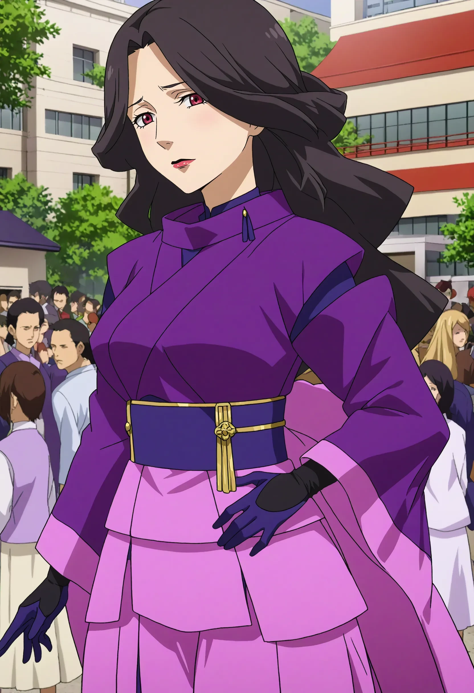 <lora:Hyper-SDXL-8steps-lora:1> <lora:Fixhands_anime_bdsqlsz_V1:1> zPDXL2, score_9, score_8_up, score_7_up, source_anime, intricate details, perfect anatomy BREAK
outdoors, city, tokyo, japan, audience, crowd, looking at viewer, upper body, hand on own hip, perspective ,pointing at viewer, dynamic angle , from side , Sad, downturned mouth, drooping eyelids, and furrowed brow., 1girl, solo, solo focus,
<lora:GAGE-dorene_ezelcant_XL(pony)v10:1> GAGE-dorene, milf, black hair, wavy hair, red eyes, GAGE-dorene outfit, purple kimono, blue obi, black gloves, pink skirt, long gloves, long sleeves, long skirt,