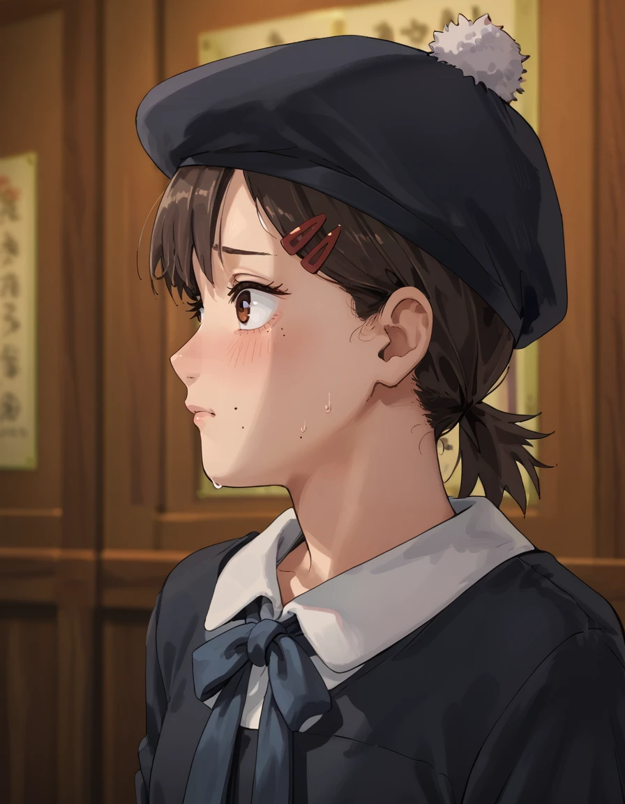 <lora:Kobeni_Higashiyama:1>, kobeni higashiyama, 1girl, solo, casual, hat, upper body, blush, looking away