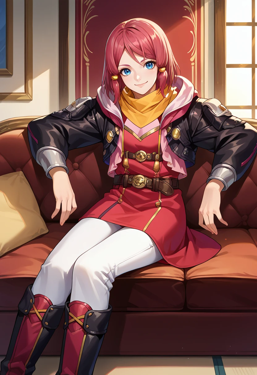 score_9, score_8_up, source_anime, 1girl, solo, RoseTales, blue eyes, pink hair, short hair, hair tubes, yellow scarf, cropped jacket, black jacket, red dress, belt, white pants, boots, sitting, indoors, on couch, smile, <lora:ChamRoseToZPonyXL:1>