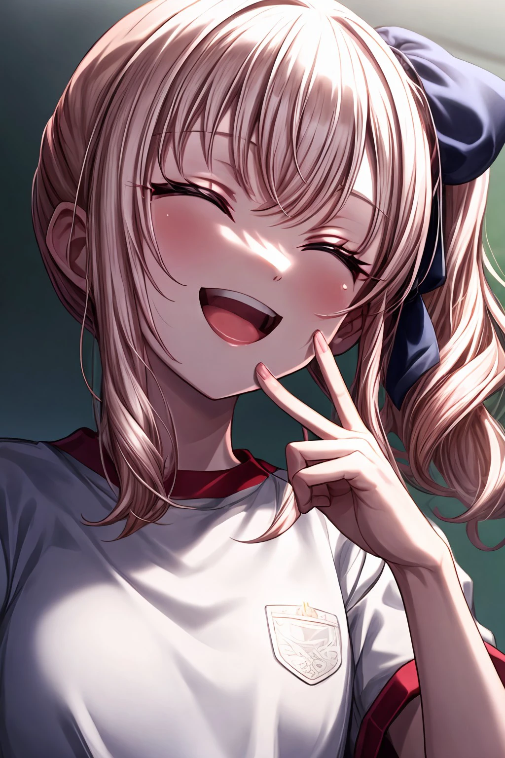 (masterpiece), best quality, expressive eyes, perfect face, akiyama_m, 1girl, long hair, blush, smile, open mouth, blonde hair, shirt, ribbon, closed eyes, hair ribbon, white shirt, short sleeves, :d, sidelocks, solo focus, blurry, side ponytail, depth of field, blurry background, ^_^, blue ribbon, facing viewer, gym uniform, out of frame, hand to own mouth, laughing, hand on own chin, <lora:0a70ac4e-017c-4b3c-8a37-91bb98b23c88:0.7>, <lora:more_details:0.7>