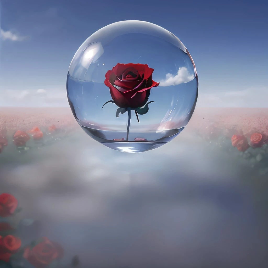 masterpiece, best quality, intricate photo, floating one meter over a field of roses glass sphere with red rose, Background blue cloudy sky, hyper realistic, highly detailed, sharp focus, high resolution, 8K, <lora:GlassSphere:0.7>