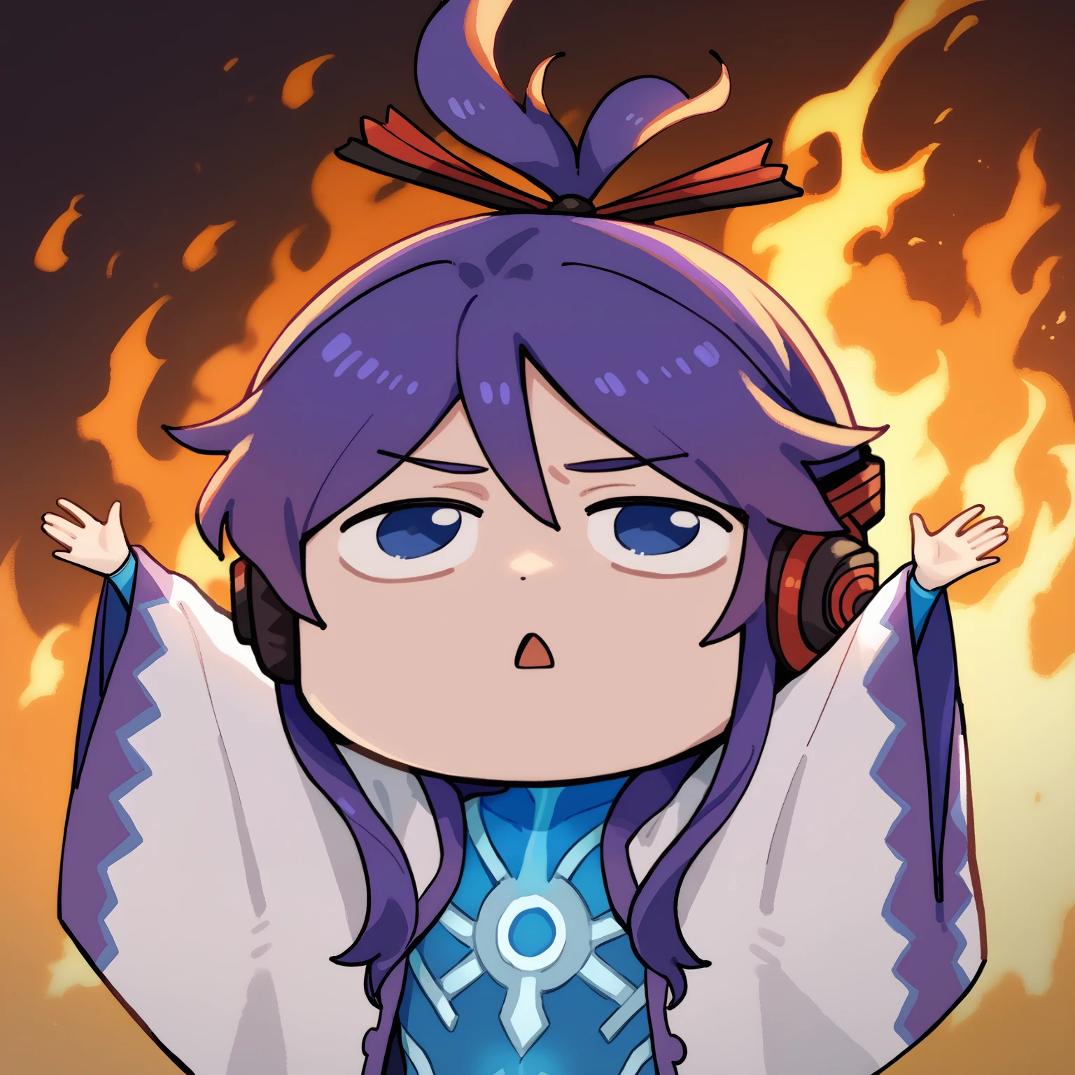 score_9, score_8_up, score_7_up, source_anime, <break> arms up, fire, outstretched arms, upper body, burning, chibi, solo, male focus, 1boy, cmgkpo, open mouth, looking up, long hair, purple hair, ponytail, headphones, blue eyes, japanese clothes, white kimono, long sleeves, wide sleeves, blue bodysuit
<segment:yolo-face_yolov8m.pt,0.4,0.5//cid=1>