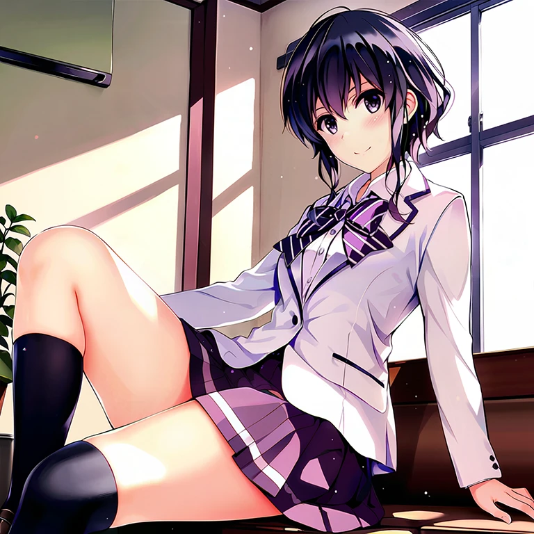 1girl, hyoudou michiru(saekano), solo, white jacket A, purple edged collar, white shirt A, button, long sleeves, purple and white diagonal stripe bowtie A, purple mini pleated skirt A, black kneehigh socks A, black loafers A, masterpiece, best quality, absurdres, newest, highres, sitting, indoor,