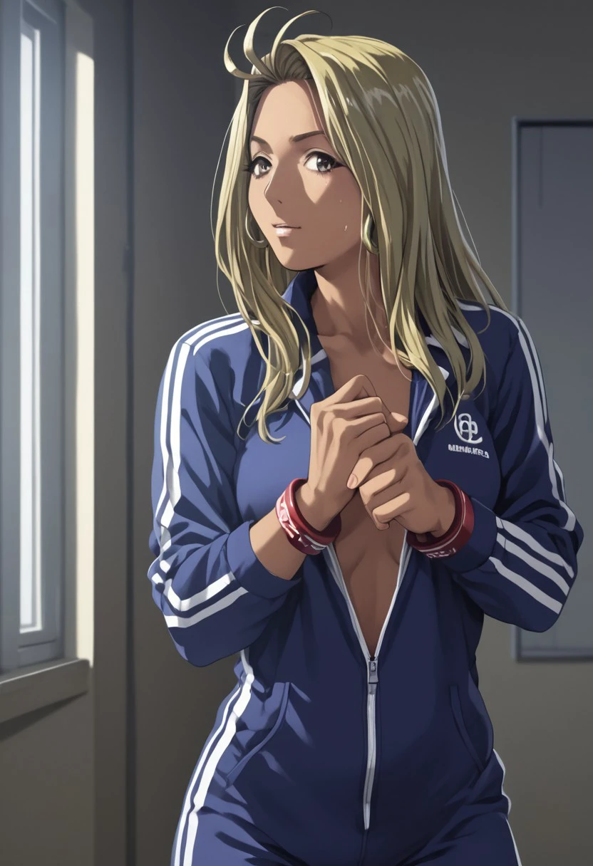 score_9,score_8_up,score_7_up, 1girl, Mayumi_Wakabayashi, blonde hair, long_hair, solo,  (dark_skin,:1.2) , blue tracksuit with white stripes and white red cuffs, <lora:CrossswimsuitXL_epoch_6:0.99>, looking_at_viewer, dressing_room, , (high quality, detailed, beautiful),