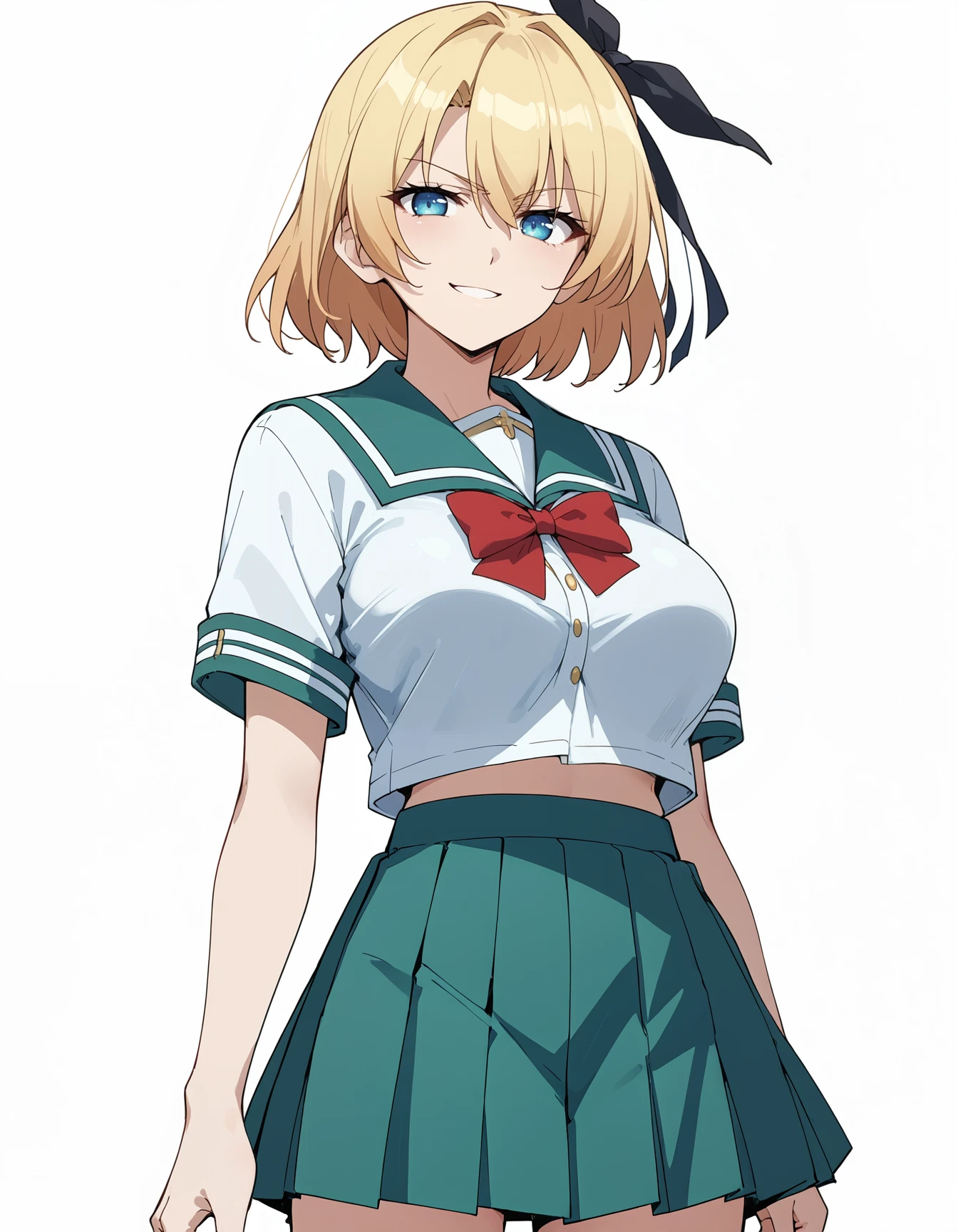 (score_9, score_8_up,score_7_up,source_anime,anime),solo,1girl, <lora:Iria:1> Iria,blonde hair, short hair, blue eyes,black ribbon,hair ribbon,large breasts,
,smirk
BREAK
school uniform,serafuku,red bow,green skirt,pleated skirt, 
,cowboy shot,Standing,white background
BREAK 
looking at viewer   <lora:NoctFlatStyleV4:0.6>