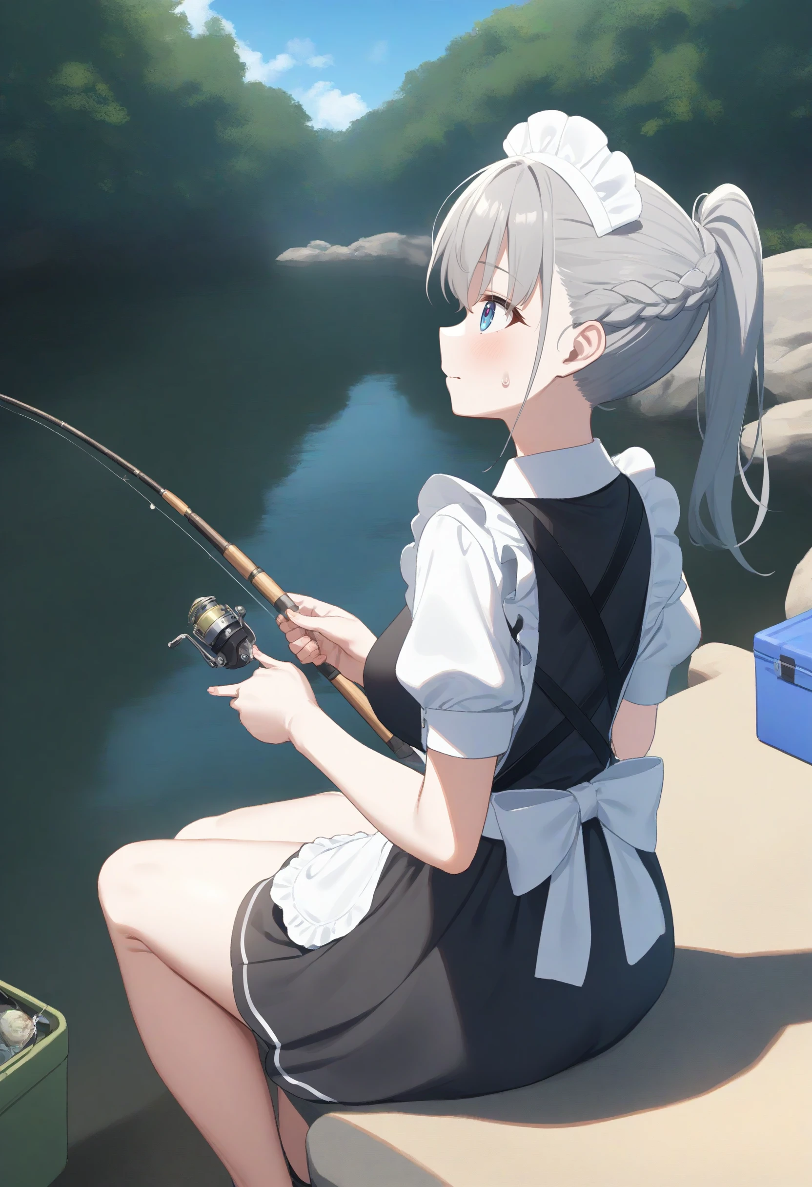 1girl,sincos, ningen mame, toosaka asagi,solo,medium breasts,20yo,maid,maid headdress,
fishing, fishing rod, sky, sitting, day, outdoors, holding fishing rod, cooler, ocean, fishing line,<lora:fishing_XL_v1:0.8>
from behind, wide shot, looking up, silver hair, gray eyes,doyagao,  closed mouth, braid ponytail hair,,
best quality, very aesthetic, absurdres