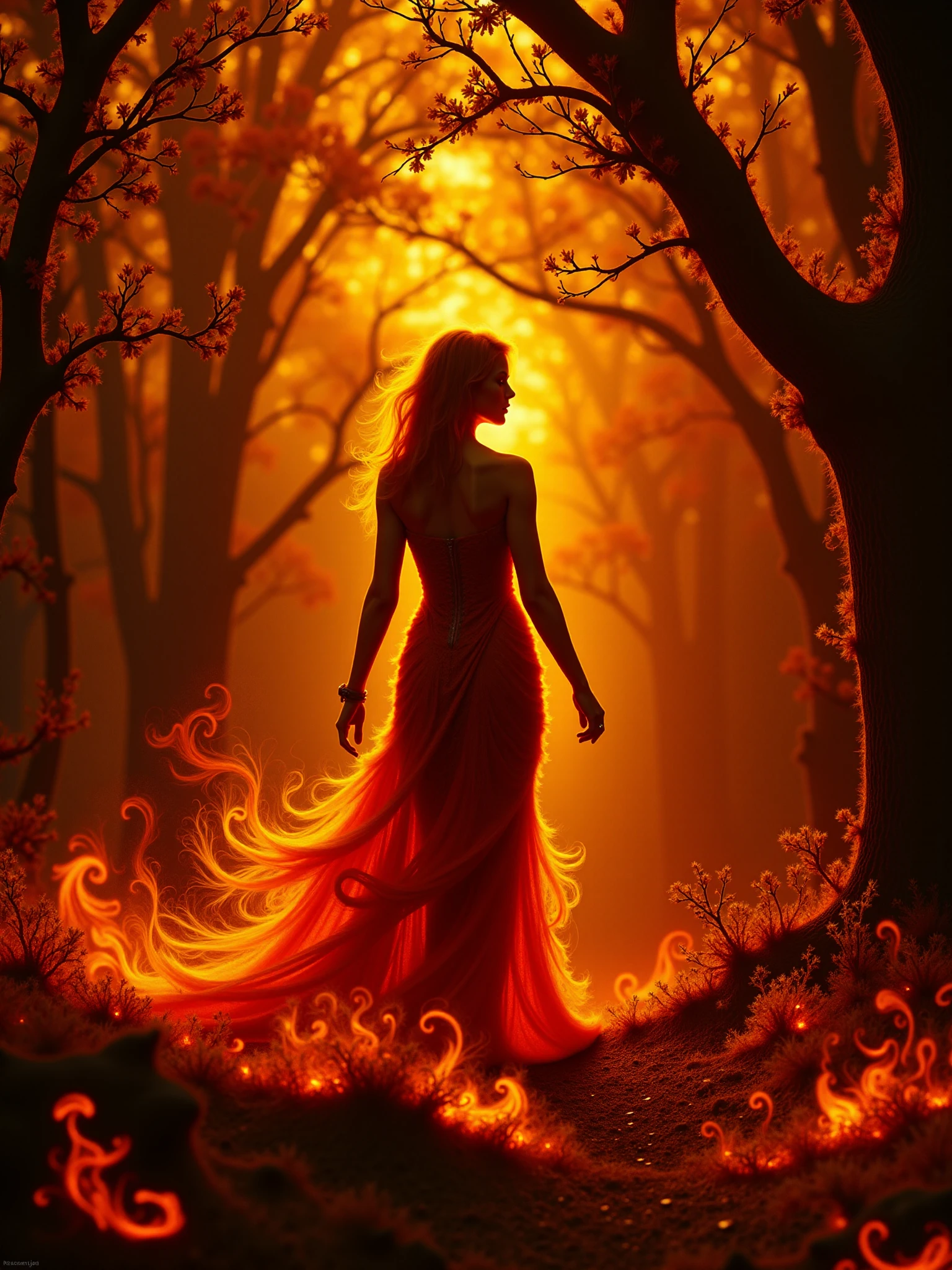 wman walking through a burning forest she wears a dress made of mad-frfrtcls, crying, <lora:fire-fractals-flux:0.9> burning tree, burning bushes