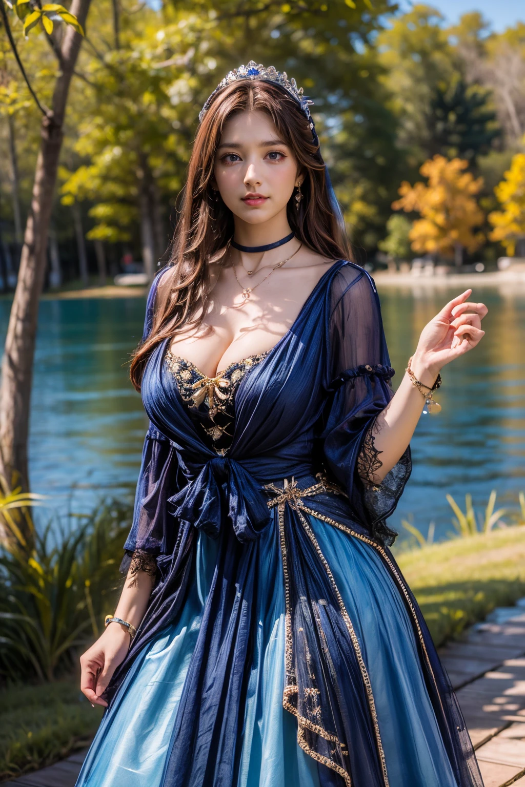 (masterpiece, best quality:1.2),illustration,8k,hd,1 girl,very long hair,solo,(collarbone:1.2),looking at viewer,
cldqz,dress,blue dress,hair ornament,bracelet,jewelry,choker,bracelet,bow,necklace,((cleavage)),big breasts,outdoors,(day, lake:1.5),extremely detailed dress,crystalstexture skin,front view,