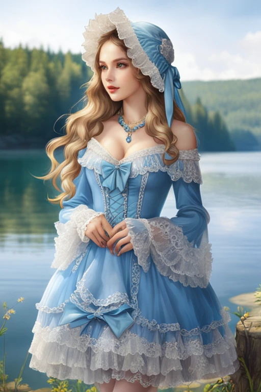 (masterpiece, best quality:1.2),illustration,8k,hd,1 girl,very long hair,solo,(collarbone:1.2),looking at viewer,
whdbd,blue dress,jewelry,necklace,bonnet,long sleeves,bow,lace trim,lace,frills,pantyhose,((cleavage)),big breasts,outdoors,(day, lake:1.5),extremely detailed dress,crystalstexture skin,front view,<lora:whdbd XL:1>,