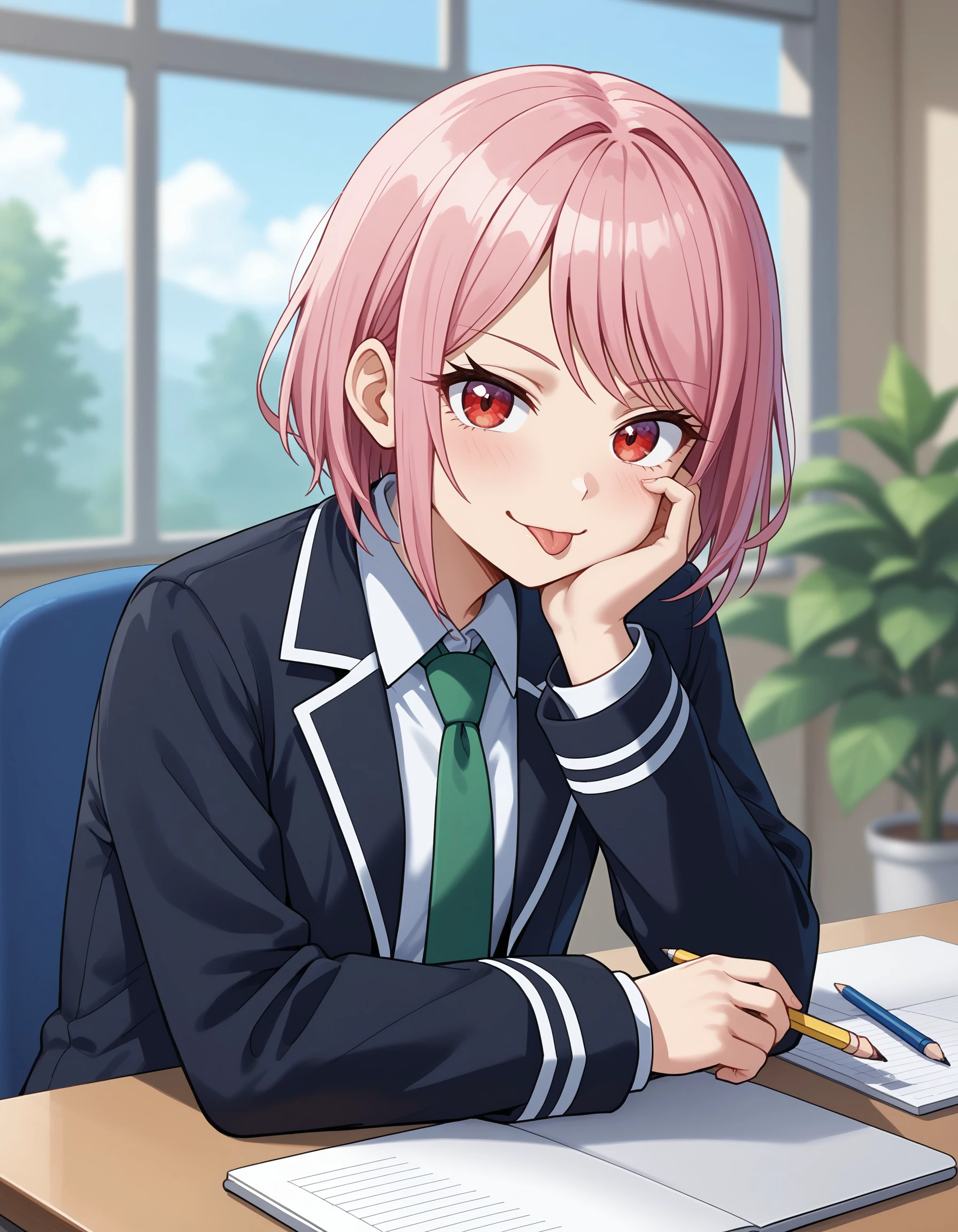 (masterpiece), best quality, expressive eyes, perfect face, akiyama_m,black jacket , blurry , blurry background , chair , green necktie , hand on own cheek , hand on own face , head rest , holding , holding pencil , jacket , light blush , looking at viewer , mechanical pencil , necktie , notebook , pencil , pink hair , red eyes , school uniform , short hair , sidelocks , sitting , solo , swept bangs , tongue , tongue out , upper body , window , <lora:2b3ece8f-5cff-4de1-95f1-40db7d35ae8a:0.7>