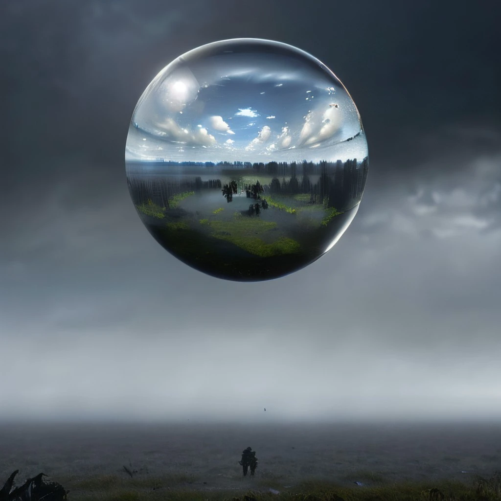 masterpiece, best quality, intricate photo, floating one meter over ground (glass sphere with orcs), Background swamp blue cloudy sky, hyper realistic, highly detailed, sharp focus, high resolution, 8K, <lora:GlassSphere:0.8>