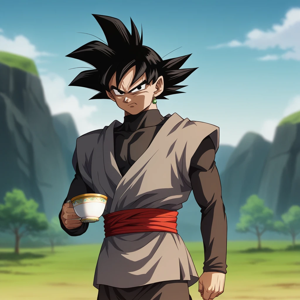 score_9_up, score_8_up, BREAK, GokuBlack, BaseForm, 1boy, solo, black hair, spiked hair, black eyes, cowboy shot, long sleeves, depth of field, outdoors,  <lora:GokuBlack_PXL_Leaf1:1>, teacup, holding cup, disgust, looking at viewer,