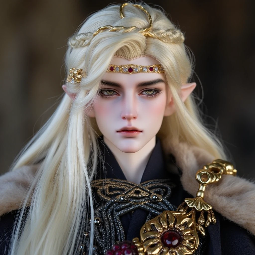 BJD. This is a highly detailed, realistic photograph of a male doll in a fantasy or historical setting. He has an ethereal, otherworldly appearance with pale, flawless skin and delicate features. His long, flowing blonde hair is intricately braided and adorned with gold and silver accessories, giving him a regal, noble look. His eyes are large and expressive, with a piercing, intense gaze. He wears a golden circlet around his head, adding to his kingly aura. His attire is elaborate and opulent, featuring intricate, ornate patterns and textures. He wears a dark, luxurious cloak with a fur trim. His attire is adorned with gold and silver details, including a large, ornate brooch on his shoulder, suggesting wealth and status. The background is blurred, focusing attention on the character. The lighting is soft and natural, highlighting the fine details of his hair, skin, and clothing.