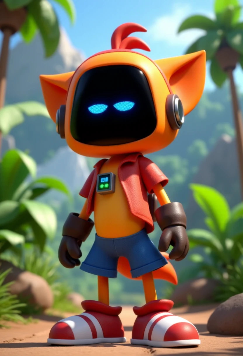 The image is a digital CGI illustration featuring a stylized, anthropomorphic robot standing in a tropical jungle. The robot, resembling Crash Bandicoot, has a sleek, rounded body with an orange, glossy head featuring glowing blue eyes and a small, pixelated display screen. The robot's is dressed like Crash Bandicoot.   <lora:Astro_Bot_Builder_FLUX:1>