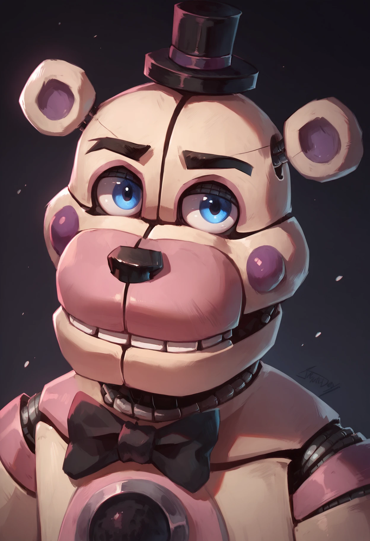 score_9, score_8_up, score_7_up, (funtimefreddy), fnaf, animatronic, male, close-up, black bowtie, top hat, portrait, dark background, blue eyes, detailed eyes, masterpiece, amazing quality, best quality, 8k <lora:FuntimeFreddy-000010:0.90>