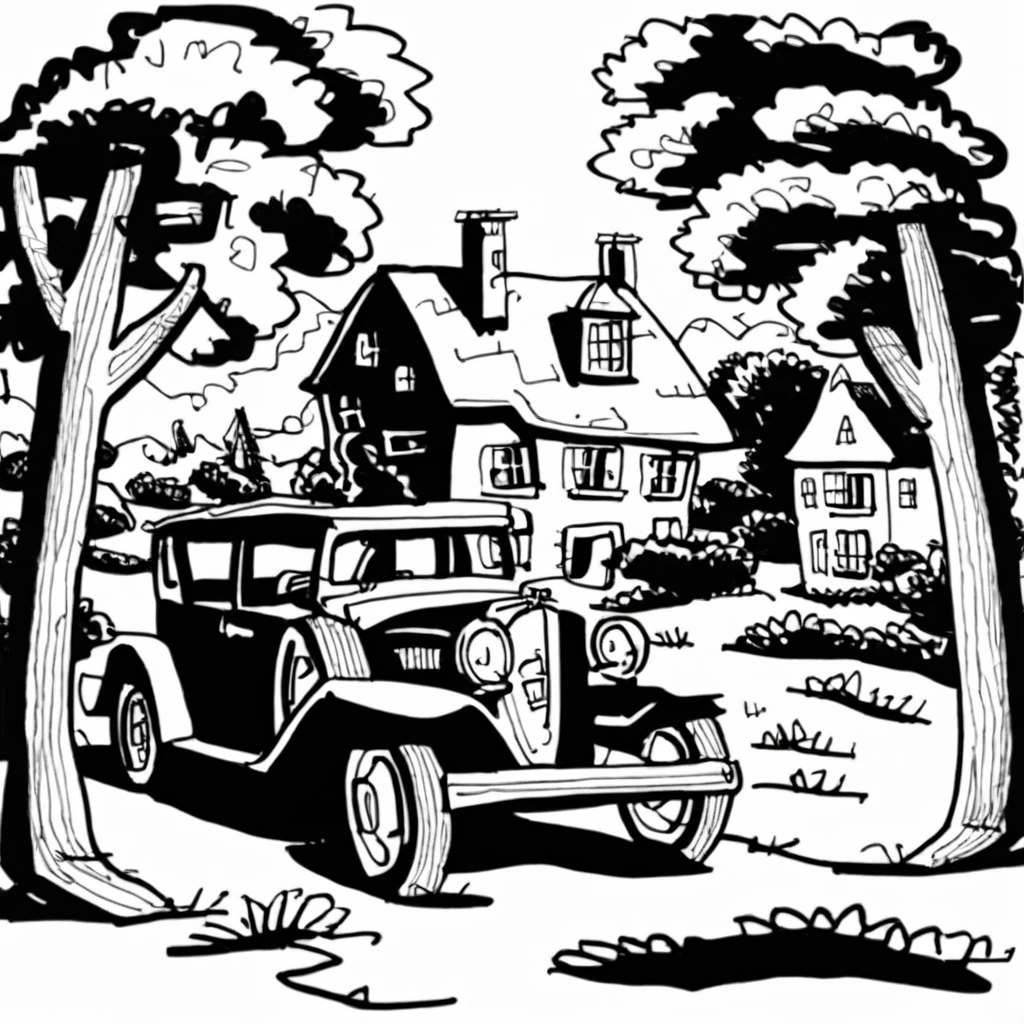 drawix19 old car in front of the house in the forest<lora:drawix19:1>